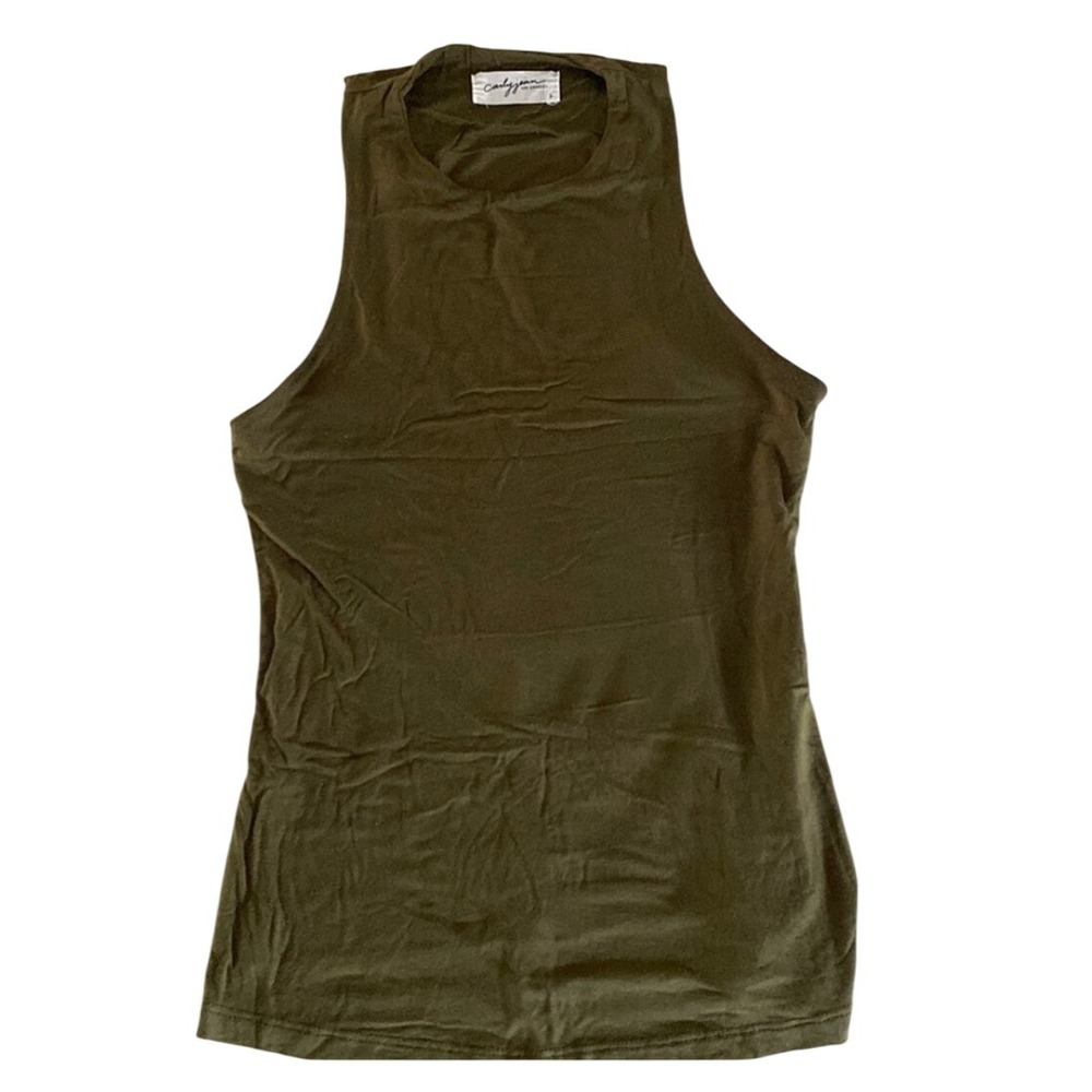 S CARLY JEAN olive army green racer back tank sleeveless shirt slimming trimming